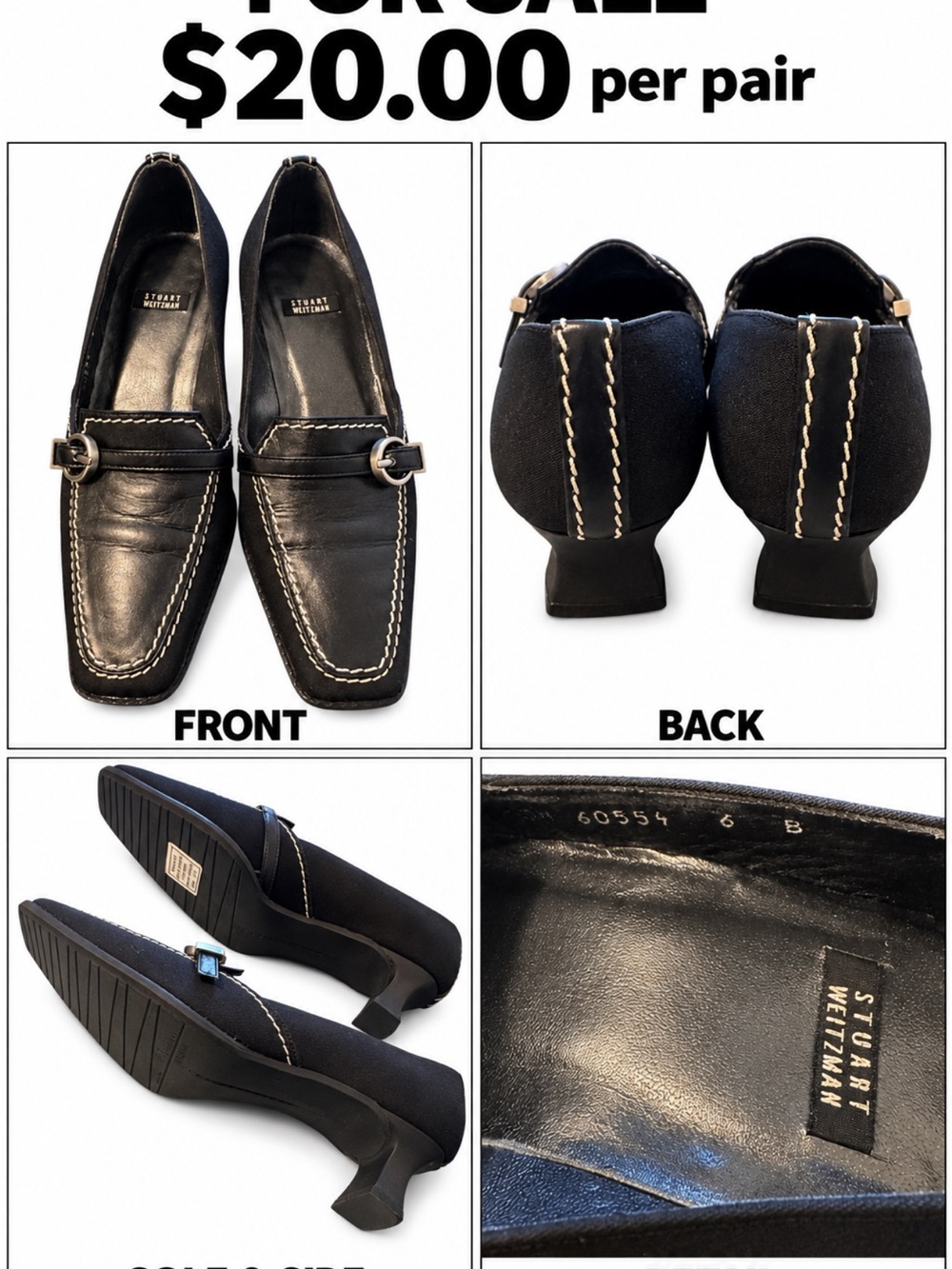 Stuart Weitzman Black Leather Heeled Loafers with Contrast Stitching and Buckle
